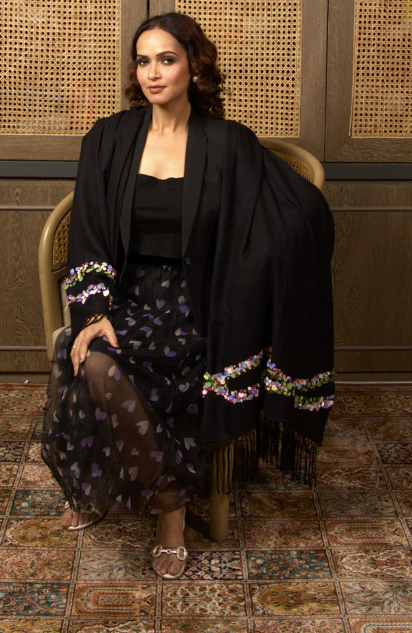 Shimmy wave | Embroidered Wool Silk Stole