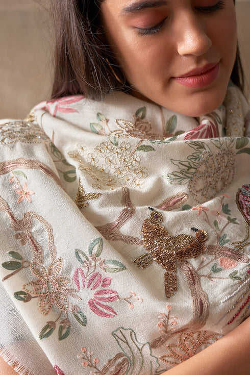 Enchanted Forest Embroidered Pure Cashmare Stole