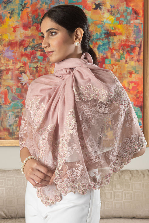 Dusky Lace Blossom | Embroidered Wool Silk Stole