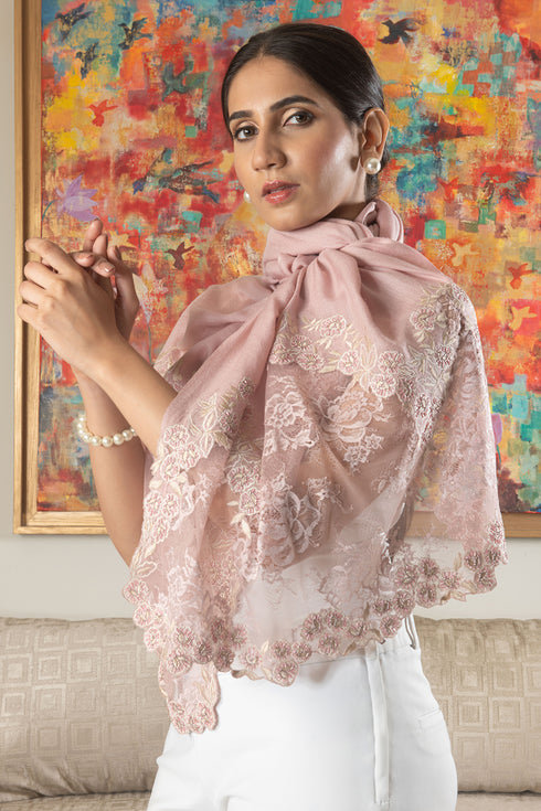 Dusky Lace Blossom | Embroidered Wool Silk Stole