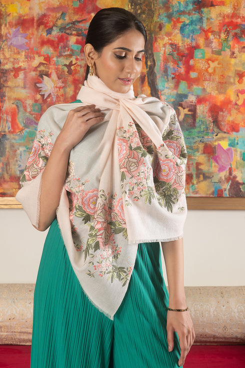 Japanese Rose | Embroidered Wool Silk Stole