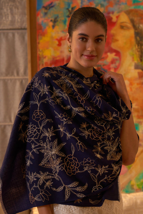 Golden Peony Embroidered Fine Merino Wool Stole