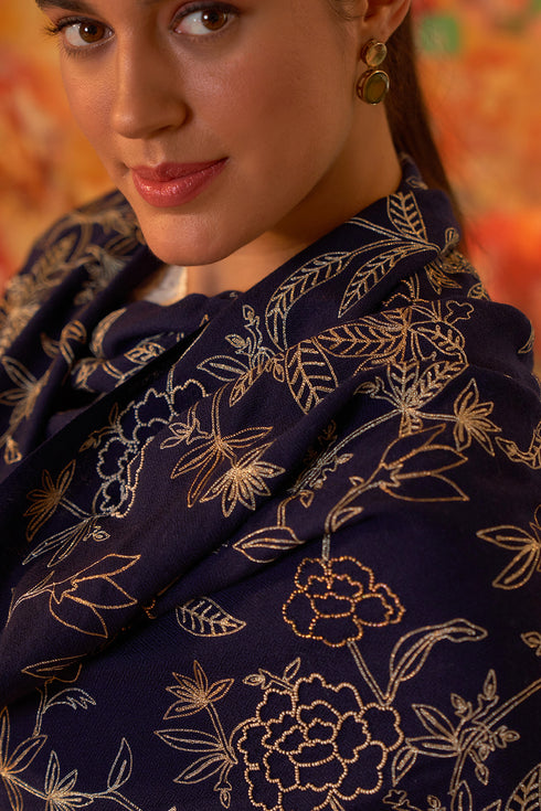 Golden Peony Embroidered Fine Merino Wool Stole