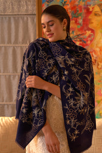 Golden Peony Embroidered Fine Merino Wool Stole
