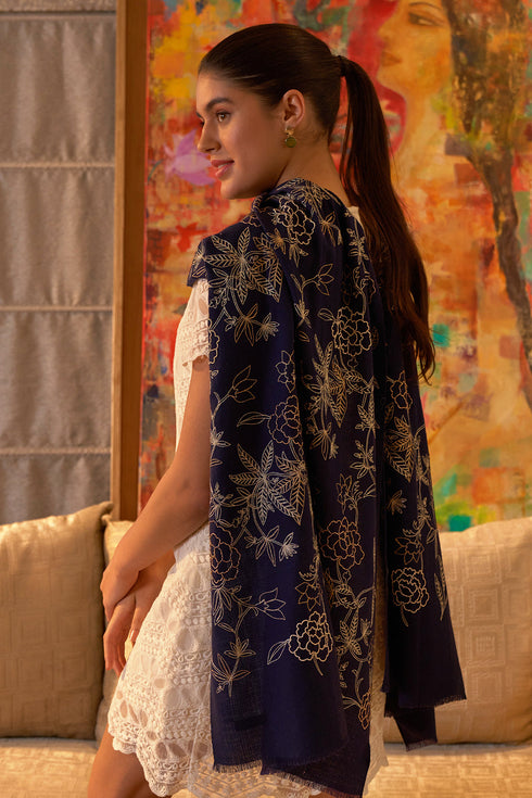 Golden Peony Embroidered Fine Merino Wool Stole