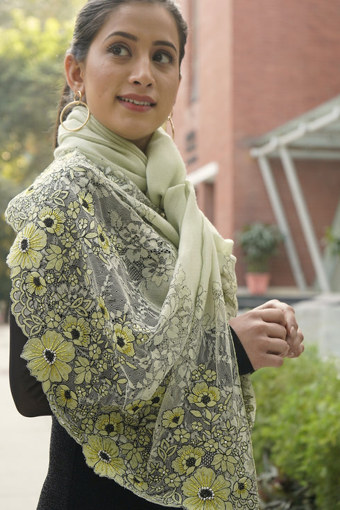 Floral Inlay Surprise | Embroidered Wool Silk Stole