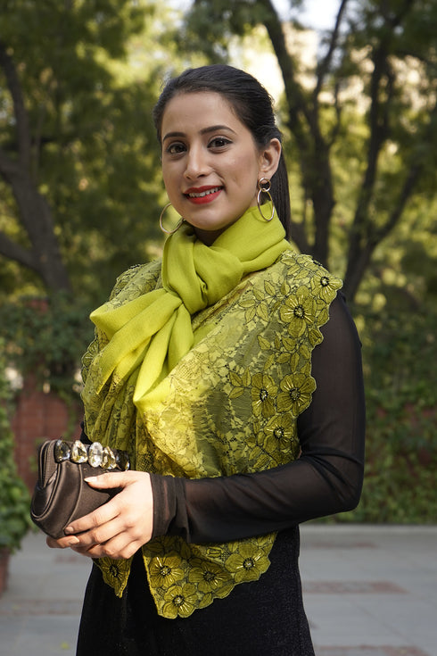 Floral Inset | Embroidered Fine Merino Wool Stole