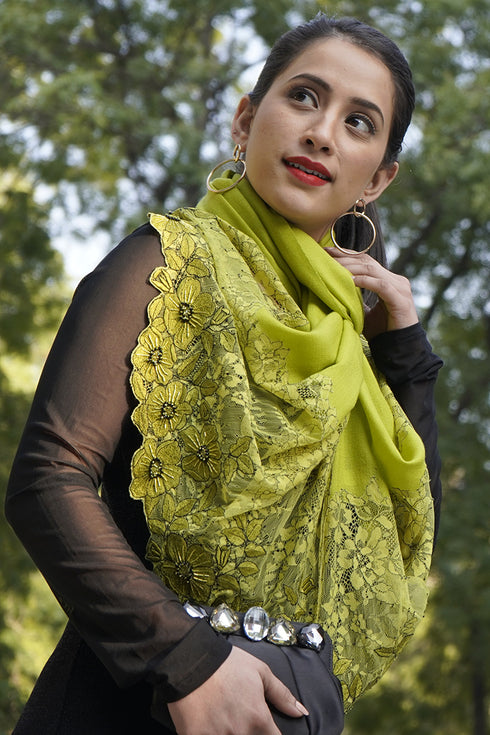 Floral Inset | Embroidered Fine Merino Wool Stole