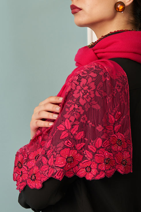 Floral Inset | Embroidered Fine Merino Wool Stole
