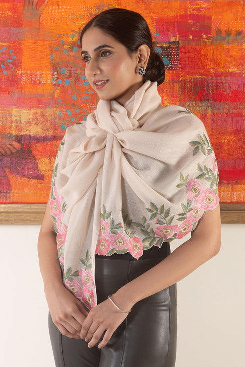 Rosy Petal Wrap | Embroidered Wool Silk Stole