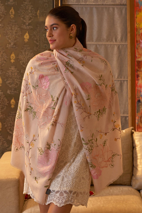 Eternal Blossom Embroidered Pure Cashmare Stole