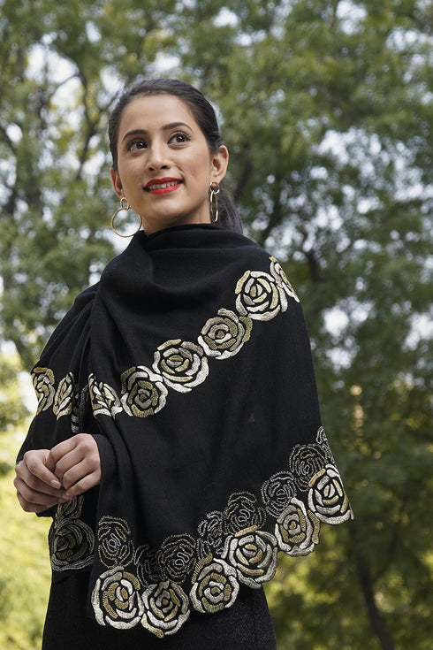 Golden Rose | Embroidered Fine Merino Wool Stole