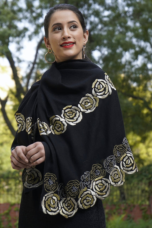 Golden Rose | Embroidered Fine Merino Wool Stole