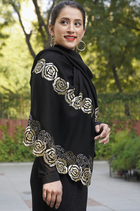 Golden Rose | Embroidered Fine Merino Wool Stole