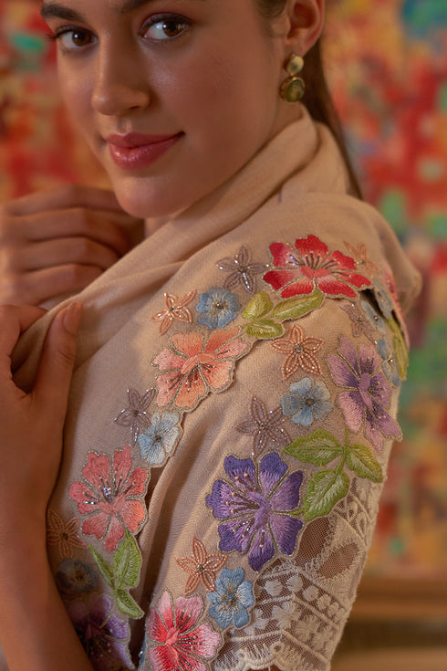 Floral Sprinkle Embroidered Wool Slik Stole