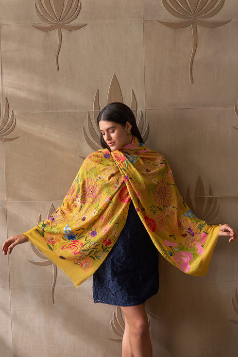Tropical Bloom Embroidered Pure Cashmare Stole