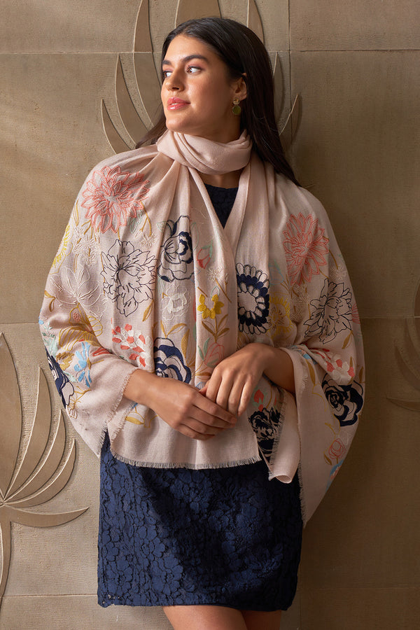 Blazing Bloom Border | Embroidered Wool Silk Stole