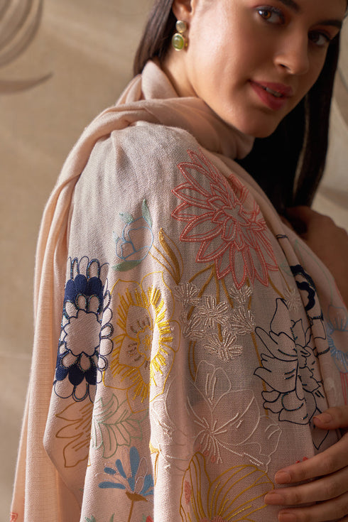 Blazing Bloom Border | Embroidered Wool Silk Stole