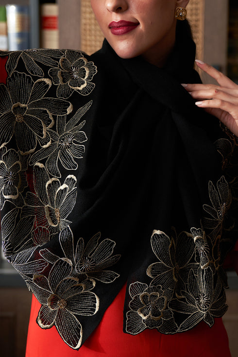 Magnolia Bloom | Embroidered Wool Silk Stole
