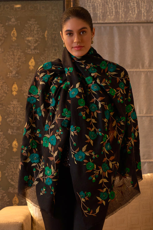 Sapphire Dream | Embroidered Pure Cashmere Stole