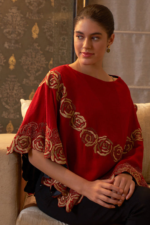 The Golden Rose Cape | Embroidered Wool Silk Cape