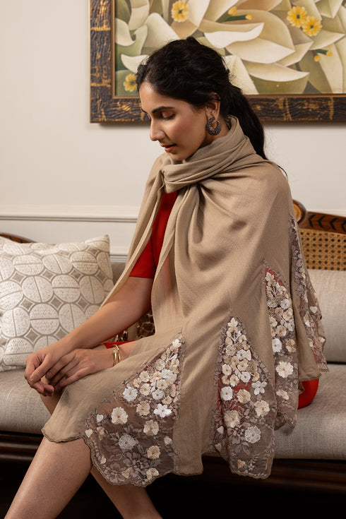 Cherry Blossom Flounce | Embroidered Wool Silk Stole