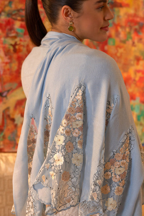 Cherry Blossom Flounce | Embroidered Wool Silk Stole