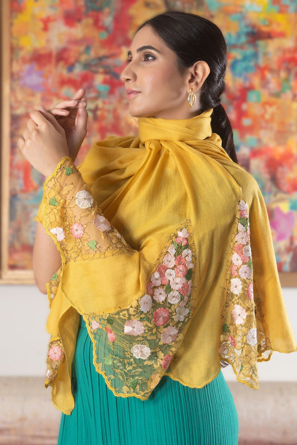 Cherry Blossom Flounce | Embroidered Wool Silk Stole