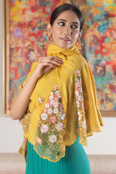 Cherry Blossom Flounce | Embroidered Wool Silk Stole