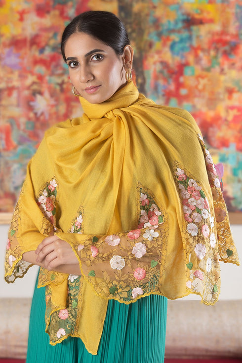 Cherry Blossom Flounce | Embroidered Wool Silk Stole