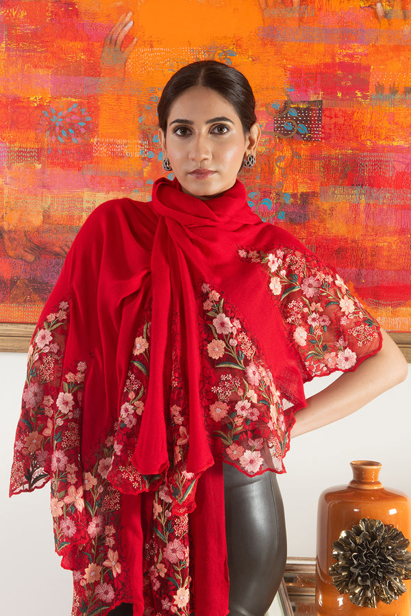 Rose Blossom Flounce | Embroidered Wool Silk Stole