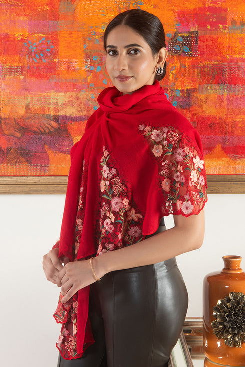 Rose Blossom Flounce | Embroidered Wool Silk Stole