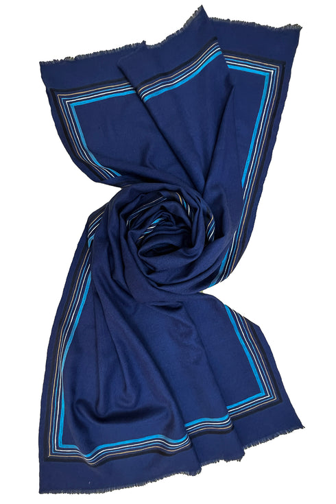 Embroidered Fine Wool Silk Stole Blue