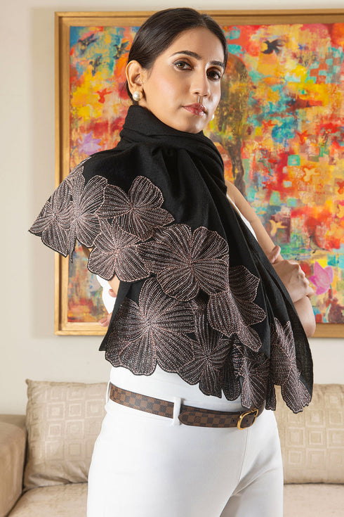 Midnight Sun | Embroidered Wool Silk Stole