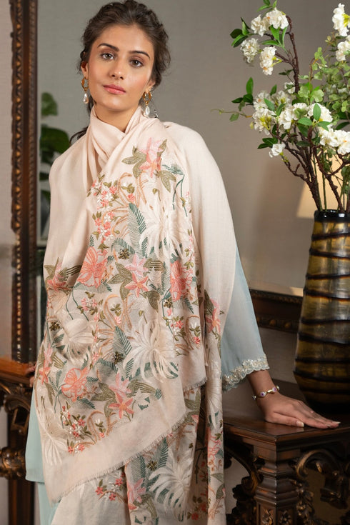 Jungle Dream | Embroidered Wool Silk Stole Beige