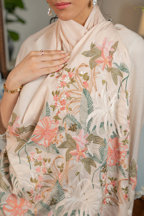 Jungle Dream | Embroidered Wool Silk Stole Beige