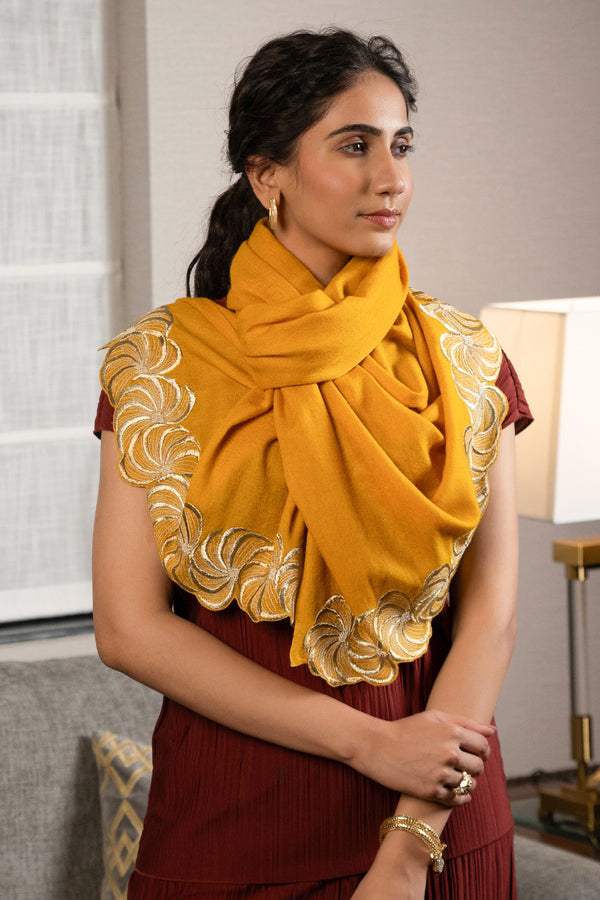Golden Spiral | Embroidered Wool Silk Stole
