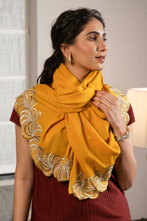 Golden Spiral | Embroidered Wool Silk Stole