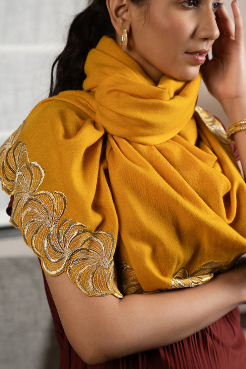 Golden Spiral | Embroidered Wool Silk Stole
