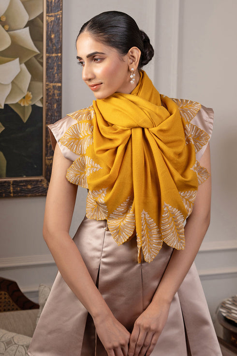 Vintage Leaf | Embroidered Wool Silk Stole with Handmade Rakhi