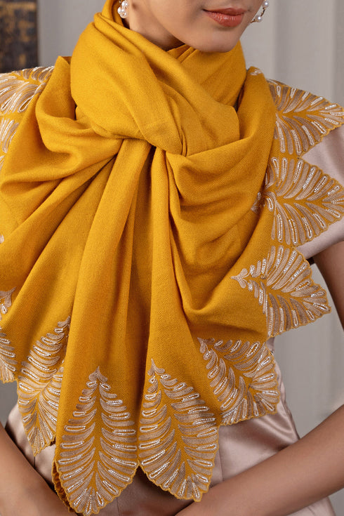 Vintage Leaf | Embroidered Wool Silk Stole with Handmade Rakhi