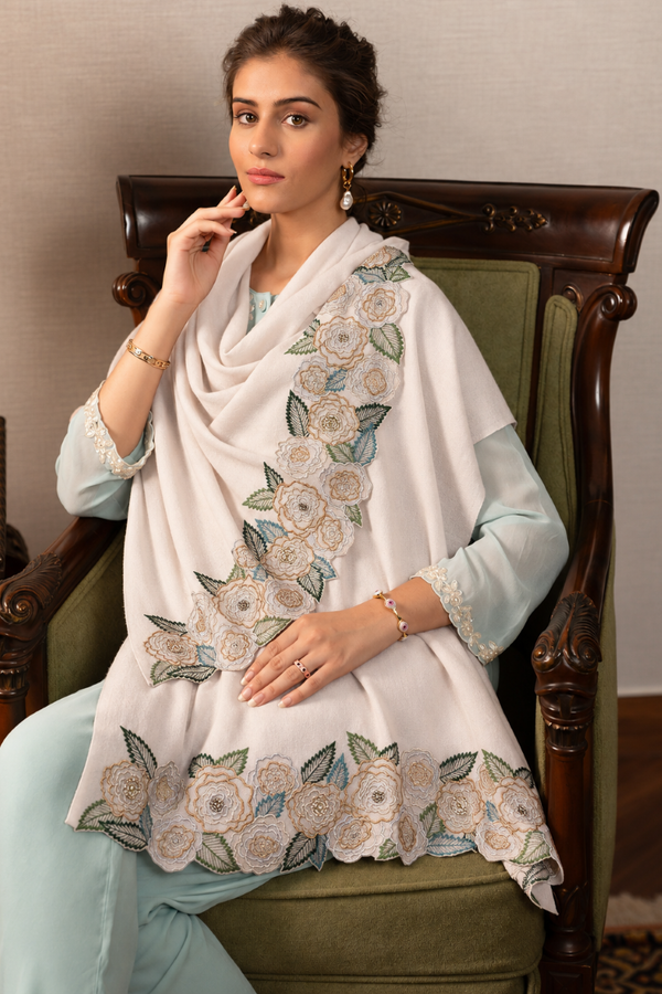 Gold Rose | Embroidered Wool Silk Stole