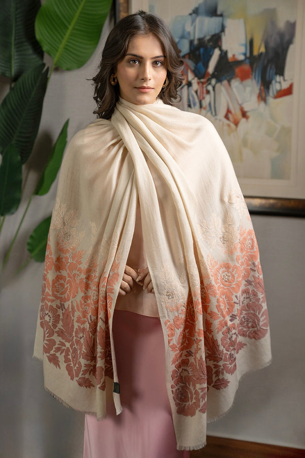 Coral Blossom | Embroidered Wool Silk Stole