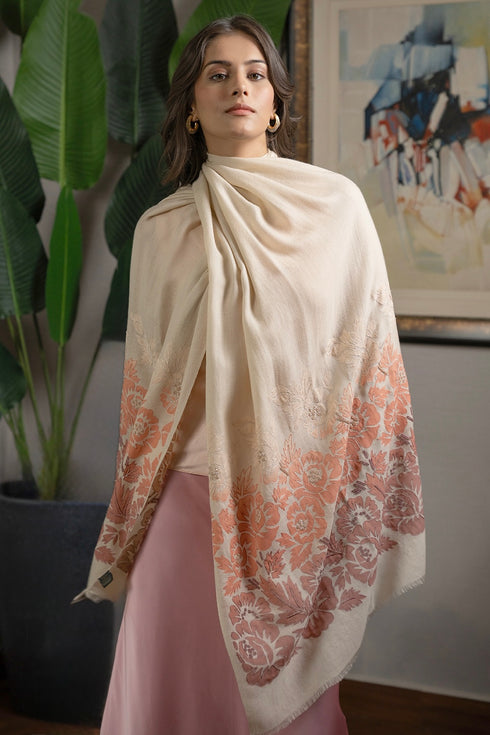 Coral Blossom | Embroidered Wool Silk Stole