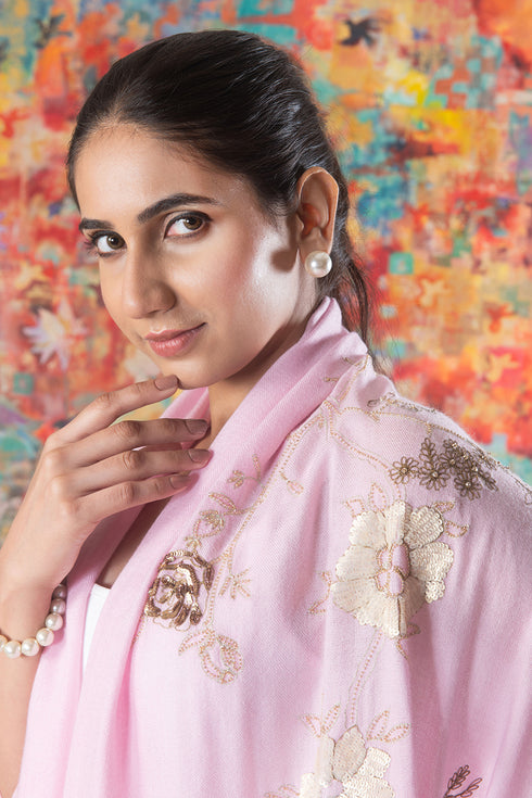 Blush Gold Blossom | Embroidered Wool Silk Stole