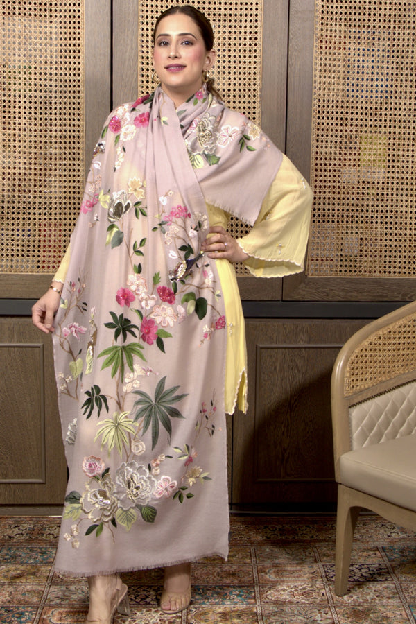 Parrot Paradise | Embroidered Pure Cashmere Stole
