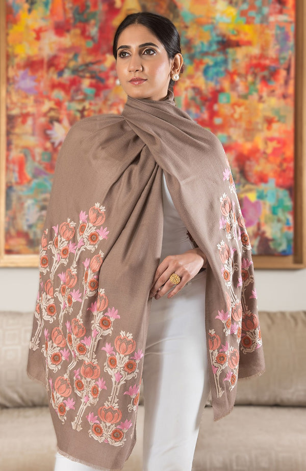 Lotus Amber Shadow | Embroidered Wool Silk Stole