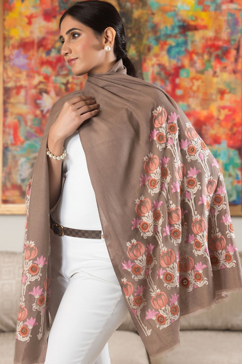 Lotus Amber Shadow | Embroidered Wool Silk Stole