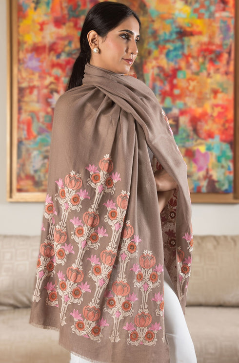 Lotus Amber Shadow | Embroidered Wool Silk Stole