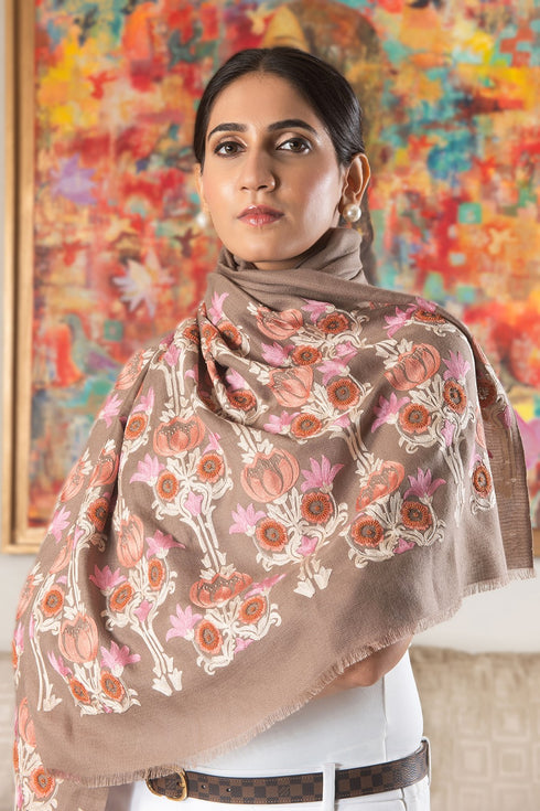 Lotus Amber Shadow | Embroidered Wool Silk Stole